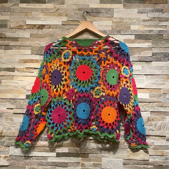 Vintage MY Beaded Crochet Top | Boho Festival Knit, Rainbow Mandala, Y2K (S-L) - Picture 3 of 7